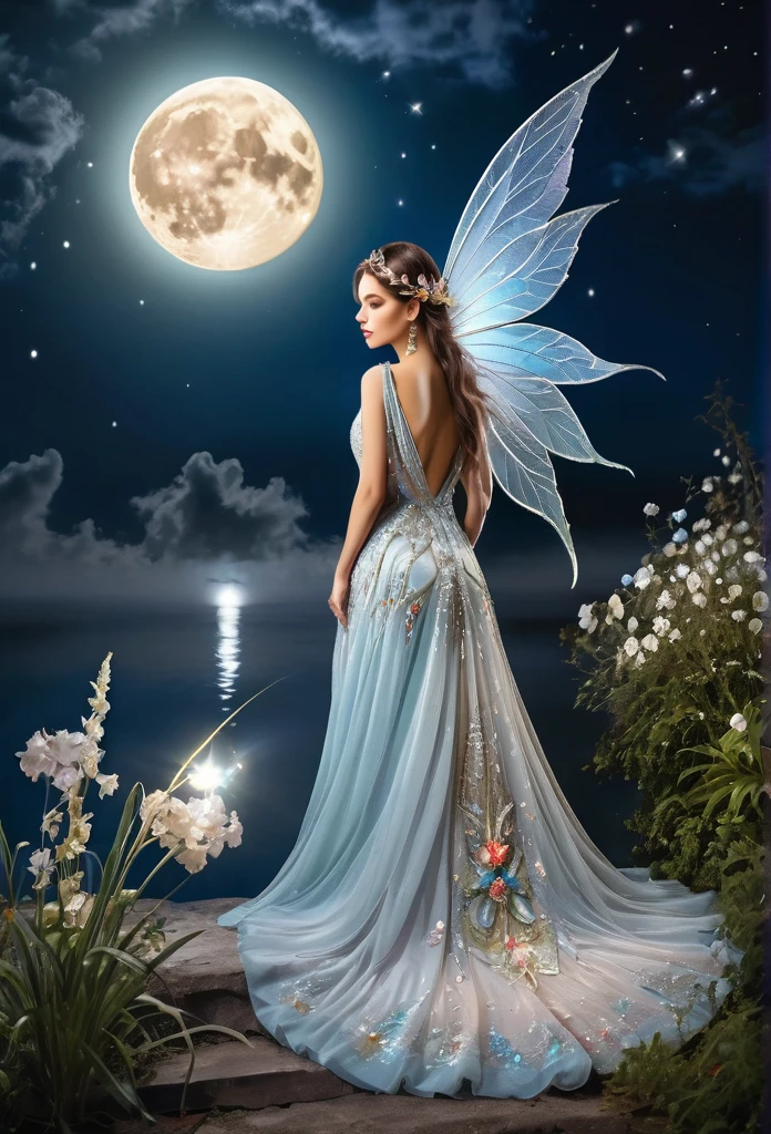 beautiful bright full moon, a fairy (from her back) looks at the moon, her large wings emanate a divine light, her long train dress is full of layers decorated with flowers and precious stones(high quality),(art work),(refined details)