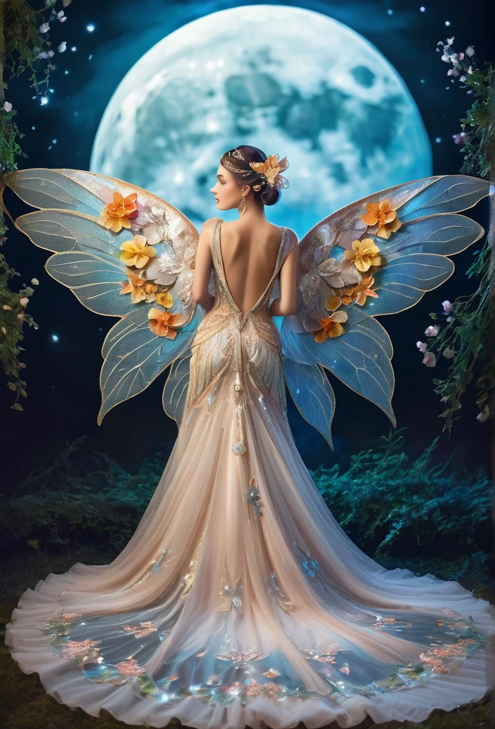 beautiful bright full moon, a fairy (from her back) looks at the moon, her large wings emanate a divine light, her long train dress is full of layers decorated with flowers and precious stones(high quality),(art work),(refined details)