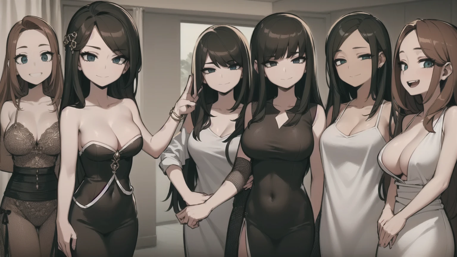 seven sexy women who are wives of boy, looking at camera, flirtatious smiles, portrait close up, hd, various hair colors