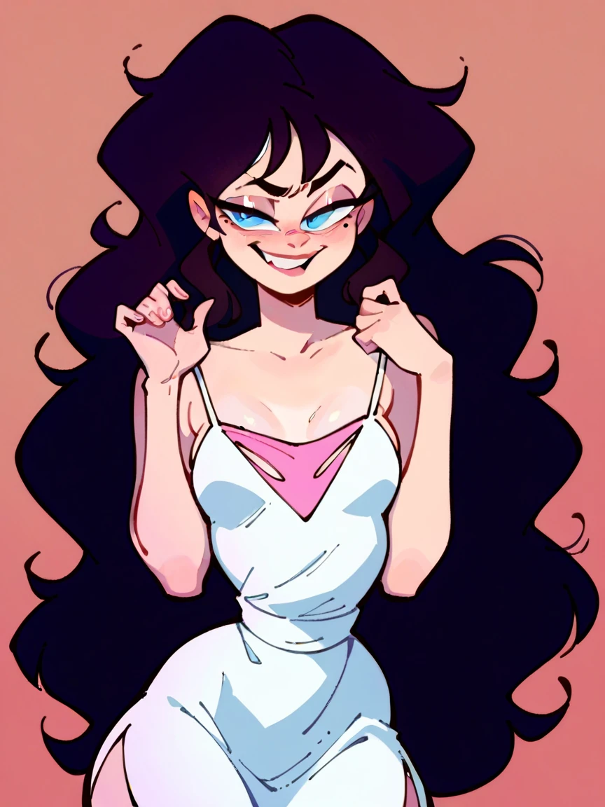 c00lw0rld, 1girl, curvy blue eyed girl with long wavy black hair and small breasts, smug