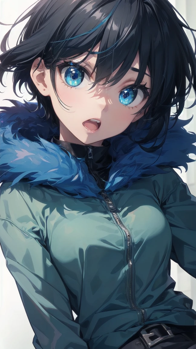 Close-up of a cartoon girl with blue hair and a yellow shirt, 2D Animation, 2D Animation style, 2D Art, 2D Art, 2D from Gorillaz, 2D from Gorillaz, 2D Gorillaz, Screaming Cerket, 2D Sprites, Jinx Face, short hair, Small breasts, hot pants, ((Black Hair, Bright blue fur inside:1.4))