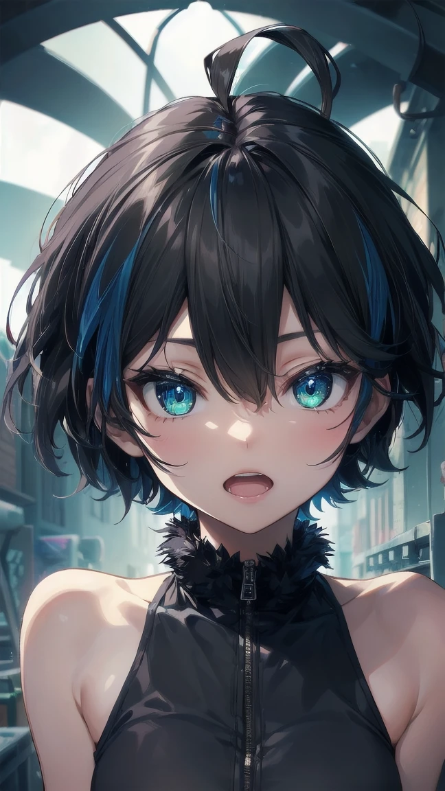 Close-up of a cartoon girl with blue hair and a yellow shirt, 2D Animation, 2D Animation style, 2D Art, 2D Art, 2D from Gorillaz, 2D from Gorillaz, 2D Gorillaz, Screaming Cerket, 2D Sprites, Jinx Face, short hair, Small breasts, hot pants, ((Black Hair, Bright blue fur inside:1.4))