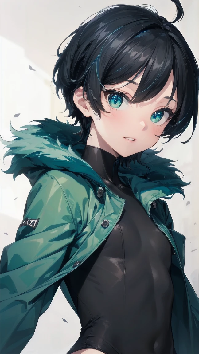Close-up of a cartoon girl with blue hair and a yellow shirt, 2D Animation, 2D Animation style, 2D Art, 2D Art, 2D from Gorillaz, 2D from Gorillaz, 2D Gorillaz, Screaming Cerket, 2D Sprites, Jinx Face, short hair, Small breasts, hot pants, ((Black Hair, Bright blue fur inside:1.4))