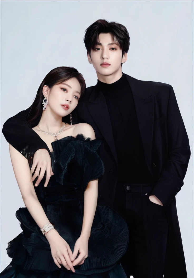 a beautiful detailed portrait of Jungkook and Jennie, 1boy and 1girl, extremely detailed eyes and faces, longeyelashes, beautiful detailed lips, elegant poses, intimate, romantic, intimate lovers, soft lighting, warm color tones, dreamlike, photorealistic, 8k, high quality, intricate details, masterpiece
