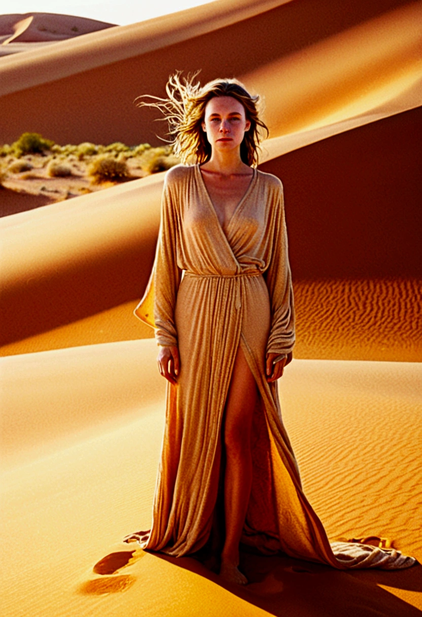 Desert Princess, robe, sand, by Ryan McGinley, full body, cinematic still, cinemascope, best quality, masterpiece, very aesthetic, perfect composition, intricate details, ultra-detailed, vivid colors