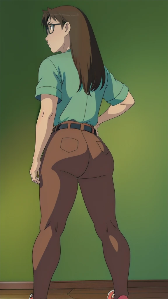 Koyomi Mizuhara, brown hair, long hair, face, nose, bangs, realistic lips, brown eyes, glasses, light green shirt, large breasts, waist, belt, bubble butt, blue cut legging, skin tight, shoes, Wallpaper, back of view, looking, view from behind, tongue drop, bent over, looking over 