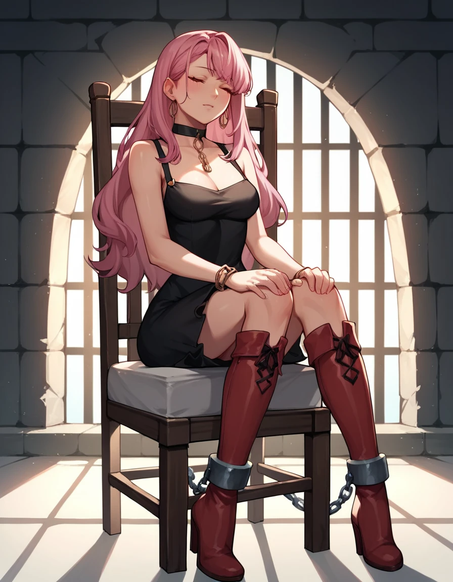 score_9, score_8_up, score_7_up, score_6_up, score_5_up, score_4_up, source_anime, 1woman, sit, chair, pink hair, long hair, close eyes, choker, w-w-chain, lower arms, shackles, hands touching knees, bracelets with chains, clean hair, black dress, red thigh high boots, dungeon, best quality, best res, 4K UHD,