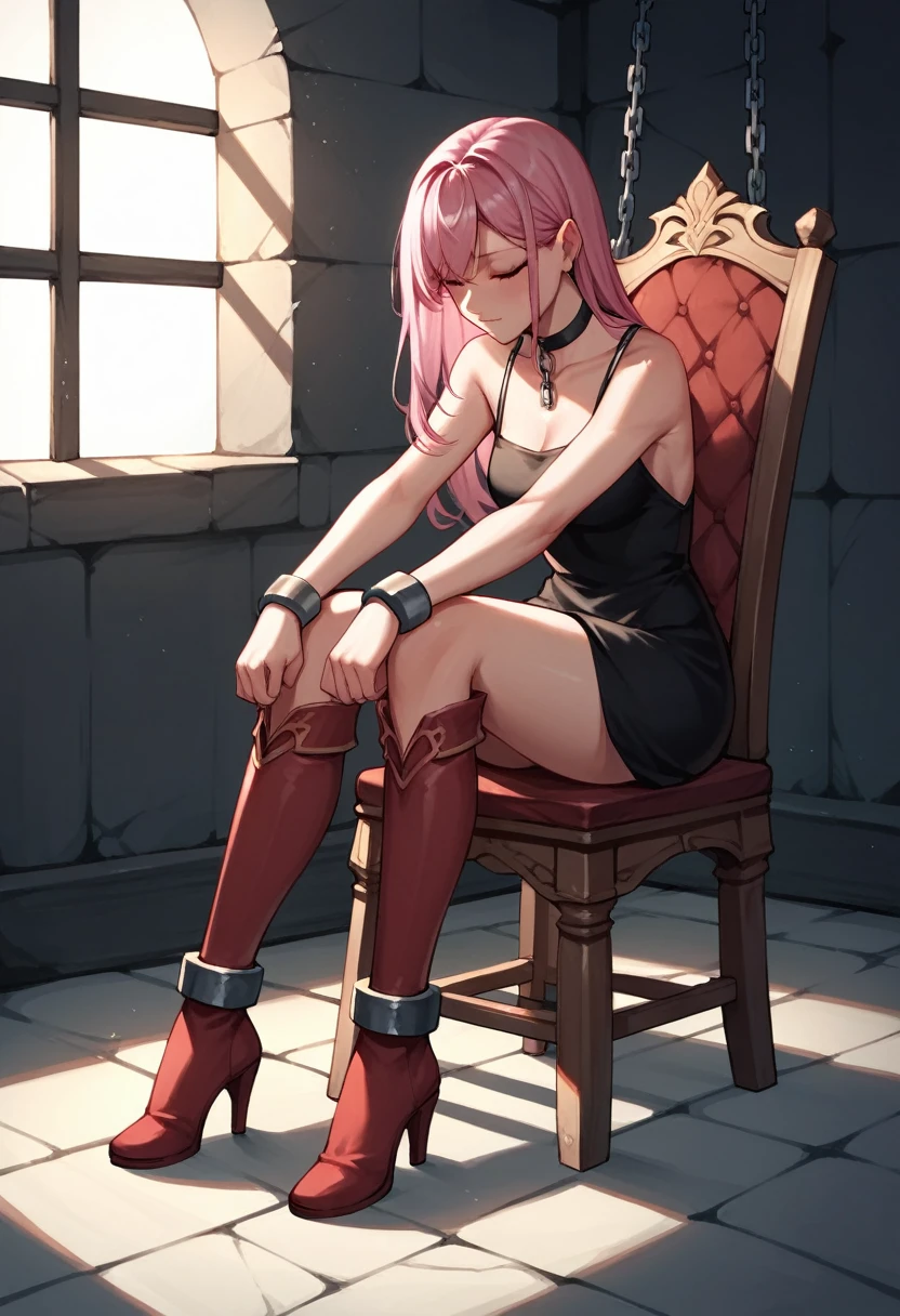 score_9, score_8_up, score_7_up, score_6_up, score_5_up, score_4_up, source_anime, 1woman, sit, chair, pink hair, long hair, close eyes, choker, w-w-chain, lower arms, shackles, hands touching knees, bracelets with chains, clean hair, black dress, red thigh high boots, dungeon, best quality, best res, 4K UHD,
 