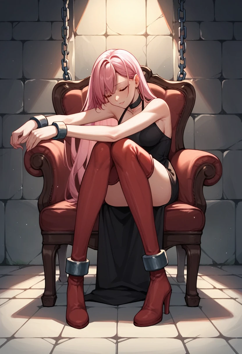 score_9, score_8_up, score_7_up, score_6_up, score_5_up, score_4_up, source_anime, 1woman, sit, chair, pink hair, long hair, close eyes, choker, w-w-chain, lower arms, shackles, hands touching knees, bracelets with chains, clean hair, black dress, red thigh high boots, dungeon, best quality, best res, 4K UHD,