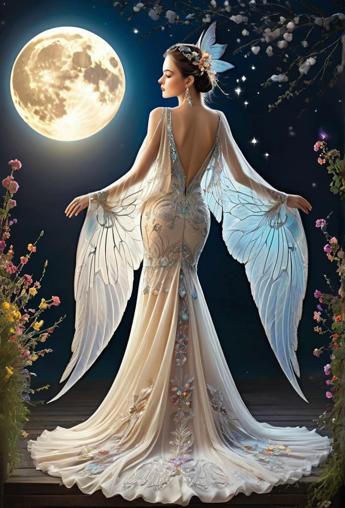beautiful bright full moon, a fairy (from her back) looks at the moon, her large wings emanate a divine light, her long train dress is full of layers decorated with flowers and precious stones(high quality),(art work),(refined details)