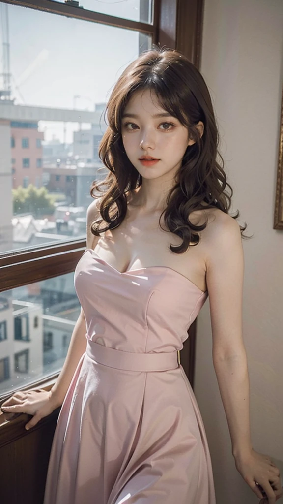 detailed background, masterpiece, best quality, 1 person , curly hair, long hair, purple eyes, star in eye , pink Strapless blouse, long skirt