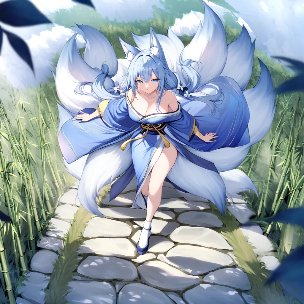 A woman in a long blue shoulderless kimono, breasts big, hair light blue, kitsune ears, Kitsune tails, multi tails, blue colored eyes, long white socks, walking on a stone road, with bamboo around her, whole body, I&#39;m dear ,,hdr, ultra resolution, well-defined, work of art, 8k hd. (woman alone)
