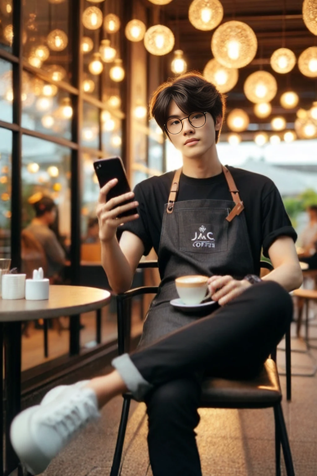 arafed man sitting in a chair holding a cell phone and a cup of coffee, jung jaehyun, male ulzzang, inspired by jeonseok lee, south korean male, mid shot portrait, jinyoung shin, sitting in a cafe alone, android coffee shop, cai xukun, in a coffee shop, by Jang Seung-eop, professional profile picture
