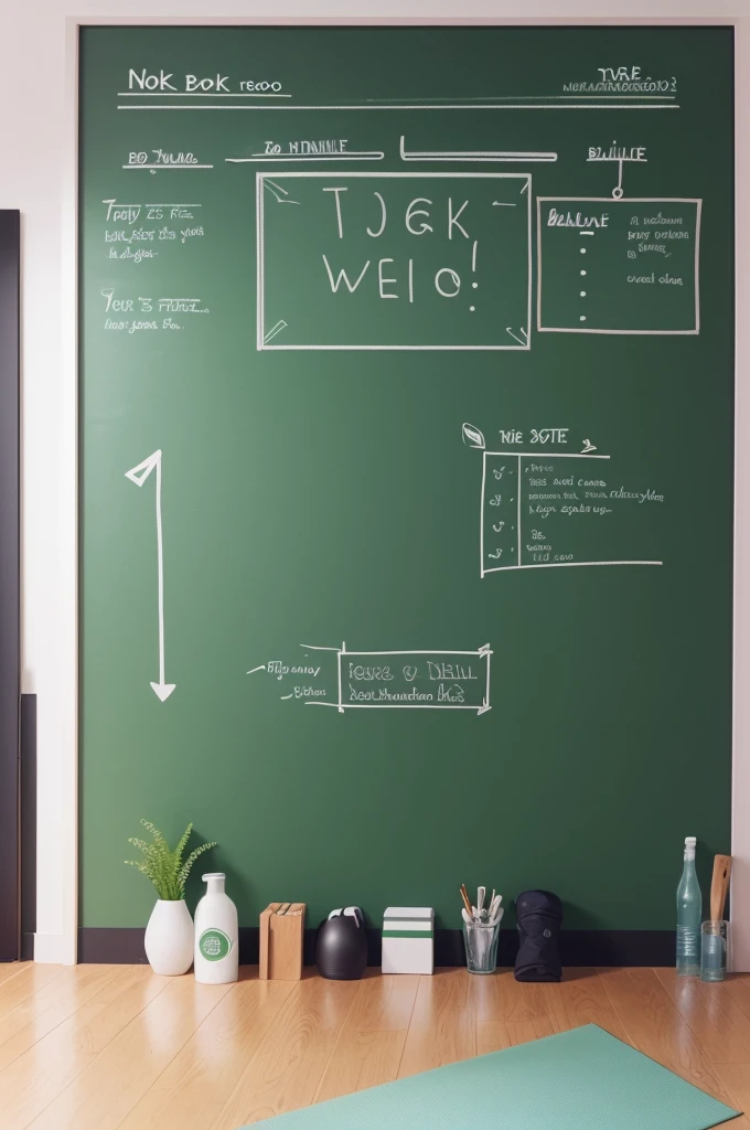 Create a simple background for a fitness video, com cores neutras SOM branco e cinza, and green details. Include a yoga mat, a bottle of water and a pair of running shoes. Add a chalkboard with a motivational phrase, SOM "Believe in yourself". The look should be welcoming and motivating, No distractions.