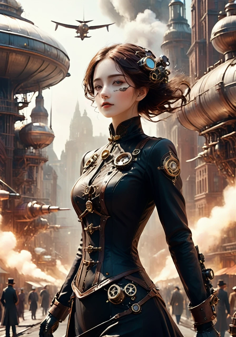 A breathtaking steampunk cityscape with towering buildings adorned with gears and steam pipes, airships floating in the sky, and a bustling street filled with people wearing Victorian-era attire with steampunk accessories. Include a central character wearing a leather coat, brass goggles, and mechanical arm, standing confidently with a backdrop of an industrial revolution.