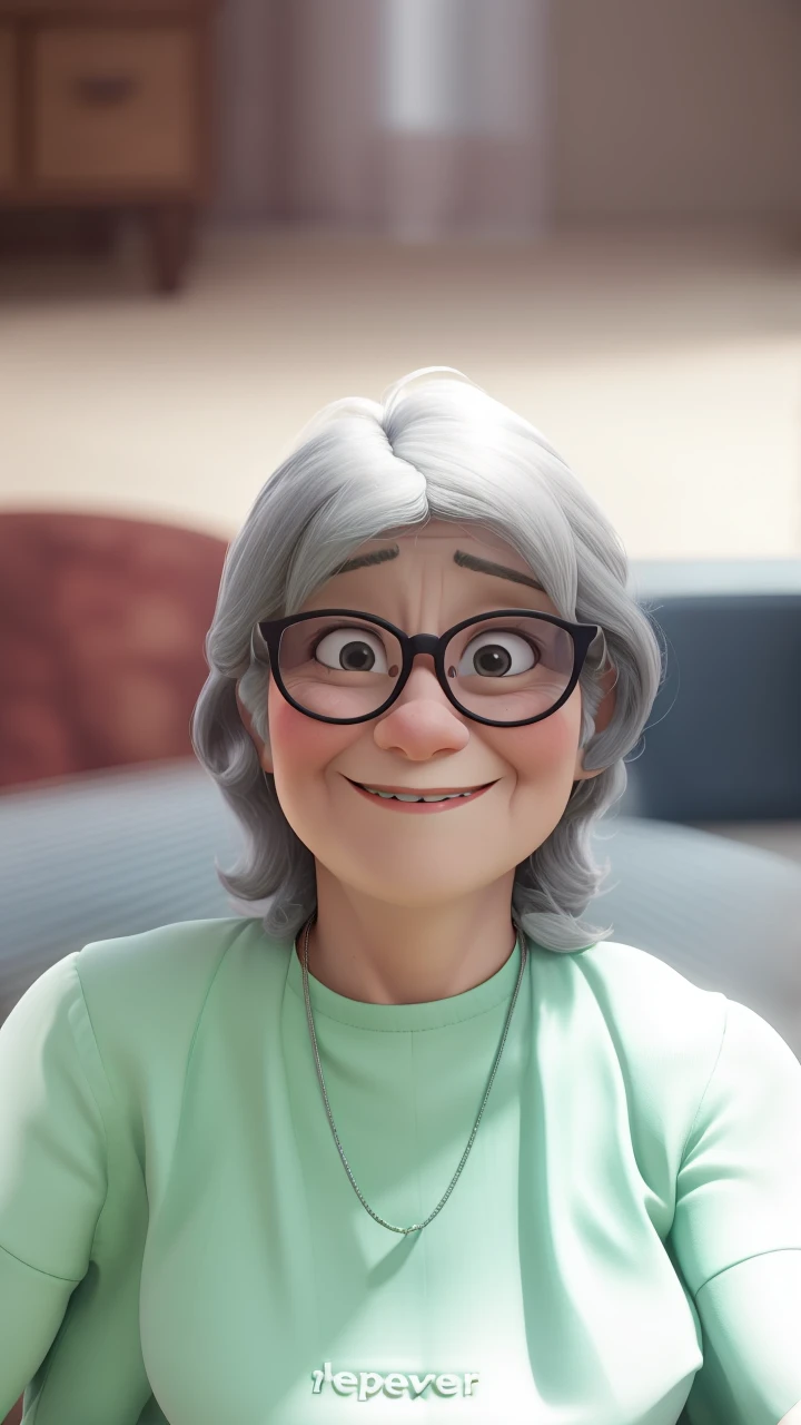52-year-old woman with round black glasses, layered hair over the shoulders and some gray with a thin but round face, more prominent chin, smiling with a dimple on her face.