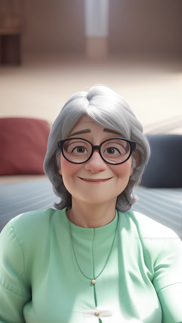 52-year-old woman with round black glasses, layered hair over the shoulders and some gray with a thin but round face, more prominent chin, smiling with a dimple on her face. 