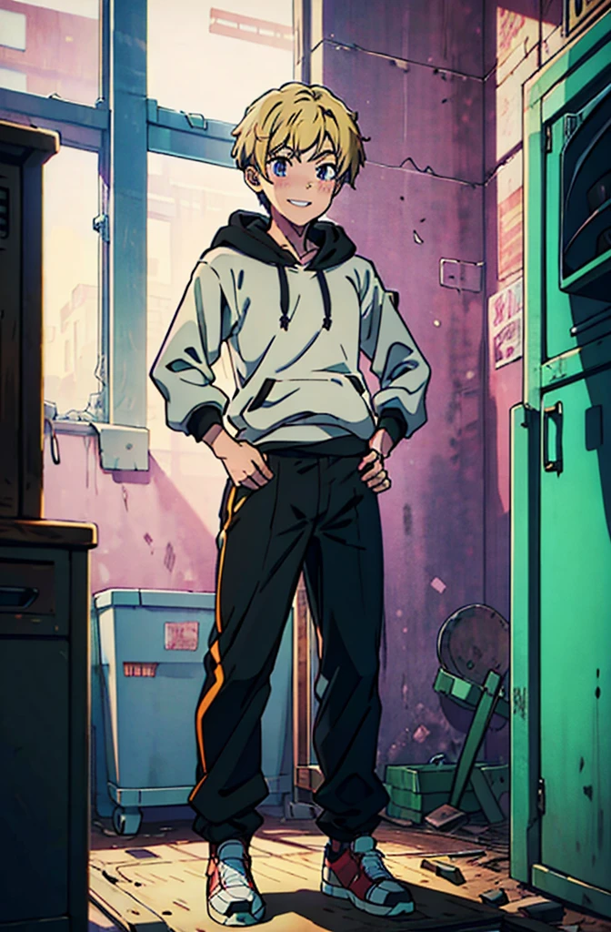 8k, original, 1boy, solo, illustration, mix, (single object), hd, absurdres, lora ((mappa studio style)), anime style, 2d, celshade style, digital art, (short hair), (((undercut hairstyle))), side-trimmed hair, (blonde hair), ((tight sleeves, black sleeves, long sleeves)), (purple hoodie), black long pants, red sneakers, wide smile, teeth, abandoned factory, hands on hip