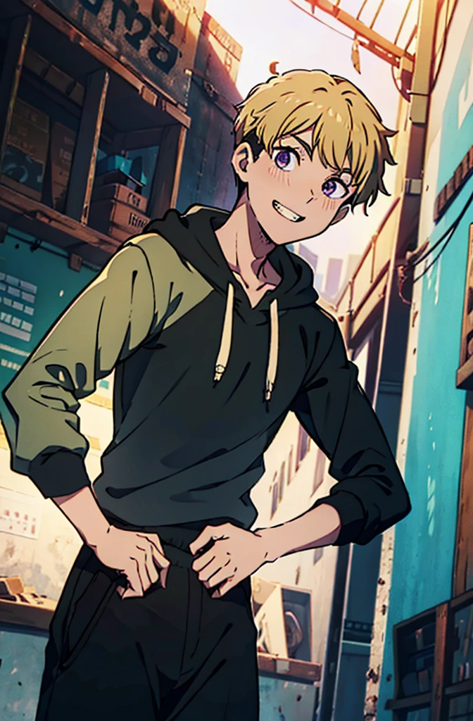 8k, original, 1boy, solo, illustration, mix, (single object), hd, absurdres, lora ((mappa studio style)), anime style, 2d, celshade style, digital art, (short hair), (((undercut hairstyle))), side-trimmed hair, (blonde hair), ((tight sleeves, black sleeves, long sleeves)), (purple hoodie), black long pants, red sneakers, wide smile, teeth, abandoned factory, hands on hip
