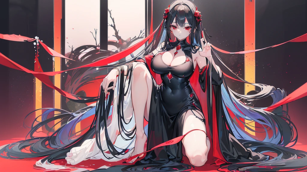 (Exquisite eyes),(Clear and beautiful eyes:1.61),masterpiece, ung girl,(Black clothes and some red gems), Black long hair, (She has a huge red gem on her chest), Good Hand,((The Havoc of StarCraft)),full-body shot,Fighting Stance,(Red Eyes:1.466),short and small,(Very big breasts:1.35),(Pretty Face),(full-body shot:1.33),Beautiful hands
