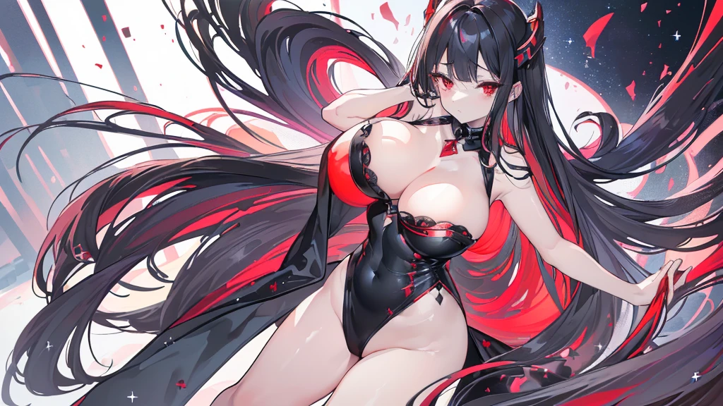 (Exquisite eyes),(Clear and beautiful eyes:1.61),masterpiece, 1 young girl,(Black clothes and some red gems), Black long hair, (She has a huge red gem on her chest), Good Hand,((The Havoc of StarCraft)),full-body shot,Fighting Stance,(Red Eyes:1.466)，short and small,(Very big breasts:1.35),(Pretty Face),(full-body shot:1.33),Beautiful hands