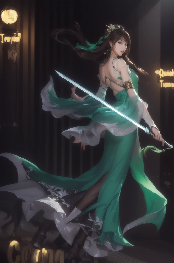 a girl, sword, beautyful. nice background, 4k, nice shot, full body, jade green dress, smile