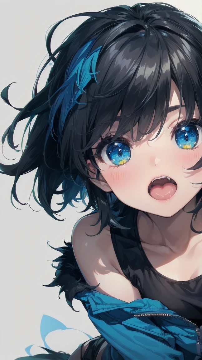 Close-up of a cartoon girl with blue hair and a yellow shirt, 2D Animation, 2D Animation style, 2D Art, 2D Art, 2D from Gorillaz, 2D from Gorillaz, 2D Gorillaz, Screaming Cerket, 2D Sprites, Jinx Face, short hair, Small breasts, hot pants, ((Black Hair, Bright blue fur inside:1.4))
