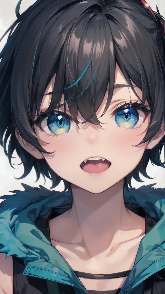 Close-up of a cartoon girl with blue hair and a yellow shirt, 2D Animation, 2D Animation style, 2D Art, 2D Art, 2D from Gorillaz, 2D from Gorillaz, 2D Gorillaz, Screaming Cerket, 2D Sprites, Jinx Face, short hair, Small breasts, hot pants, ((Black Hair, Bright blue fur inside:1.4))