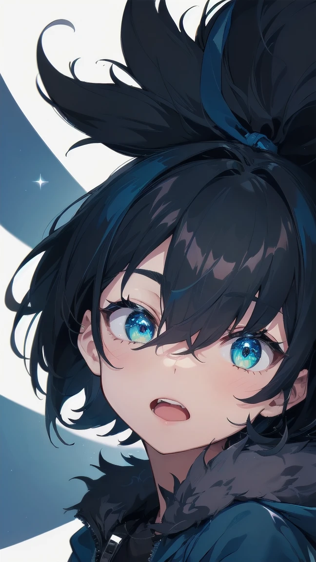 Close-up of a cartoon girl with blue hair and a yellow shirt, 2D Animation, 2D Animation style, 2D Art, 2D Art, 2D from Gorillaz, 2D from Gorillaz, 2D Gorillaz, Screaming Cerket, 2D Sprites, Jinx Face, short hair, Small breasts, hot pants, ((Black Hair, Bright blue fur inside:1.4))