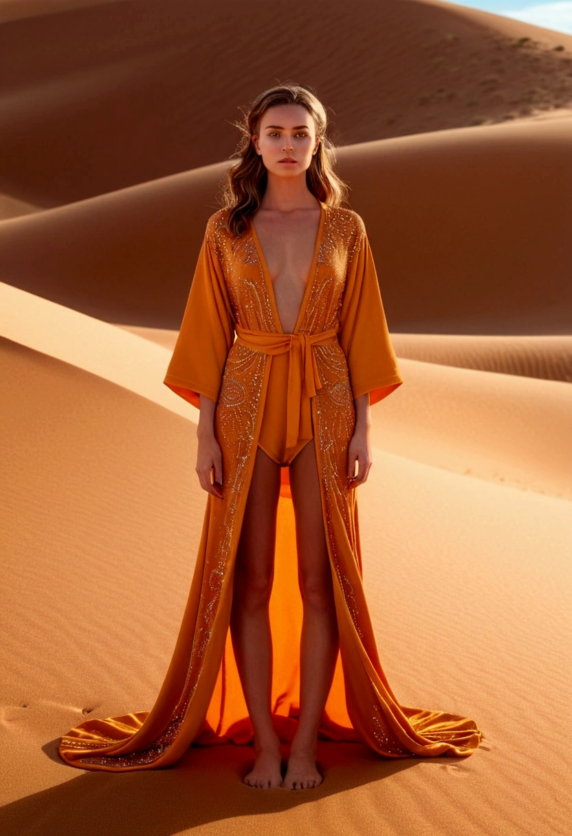 Desert Princess, robe, sand, by Brandon Woelfel, 35mm photo, full body, cinematic still, cinemascope, best quality, masterpiece, very aesthetic, perfect composition, intricate details, ultra-detailed, vivid colors
