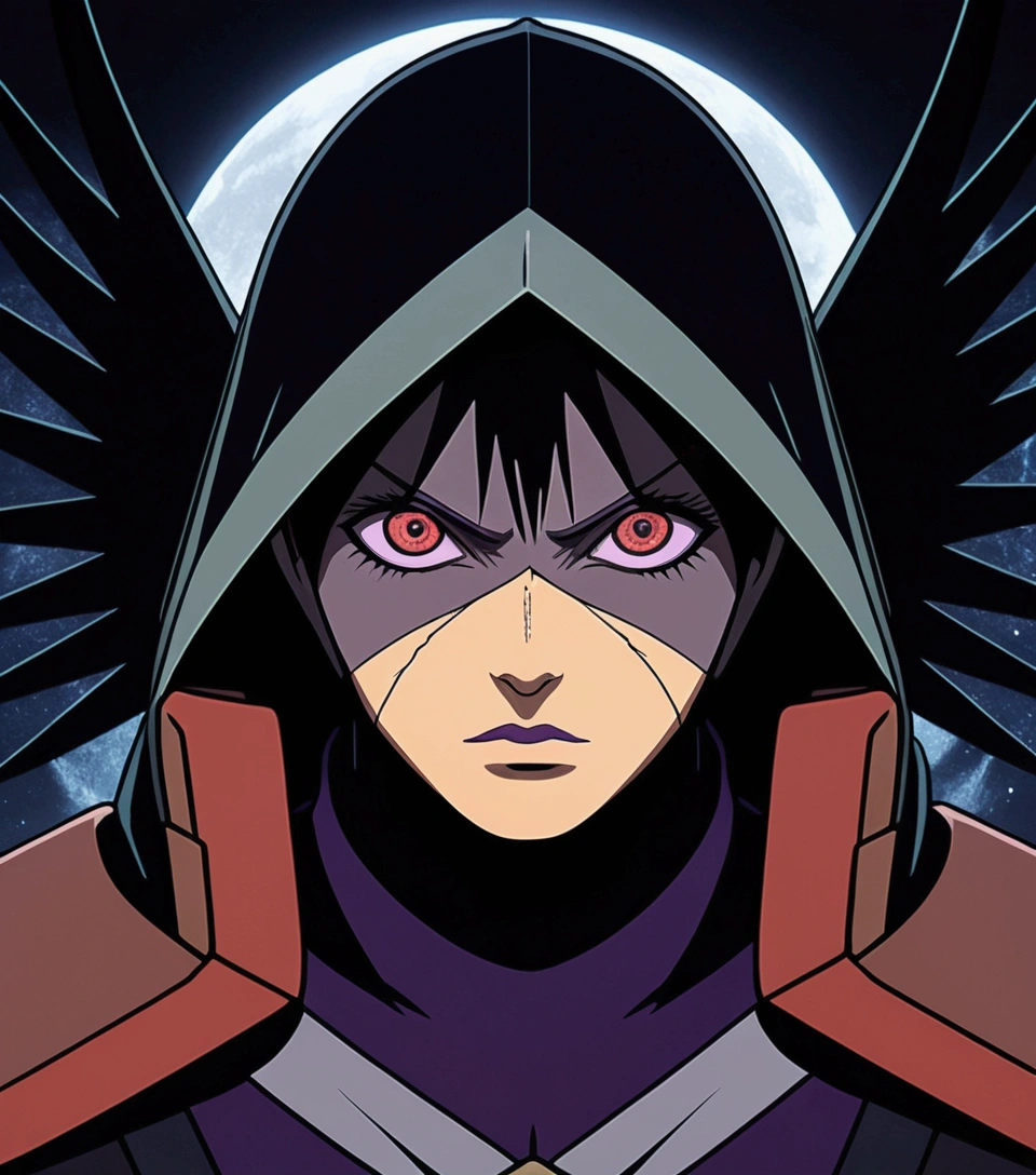 Realistic, 4K, Angels with big wings, Black clothes, one sword, Hood in war background image (chaos) rinnegan eyes