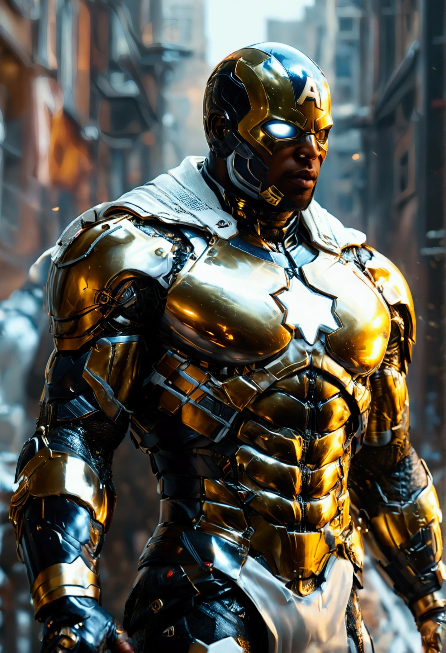 full body photo of black Captain America in white and gold armor style suit, no mask, white cape, looking at central camera, perfect composition, beautiful detailed intricately detailed octane render trends on ArtStation, 8k artistic photography, photorealistic concept art, soft natural volumetric cinematic perfect light, chiaroscuro, award-winning photography, Artwork, oil on canvas, Raphael, Caravaggio, Greg Rutkowski, Beetle, Beksinski, Giger, trends on ArtStation, sharp focus, studio photo, Intricate details, highly detailed, night city background, by Greg Rutkowski