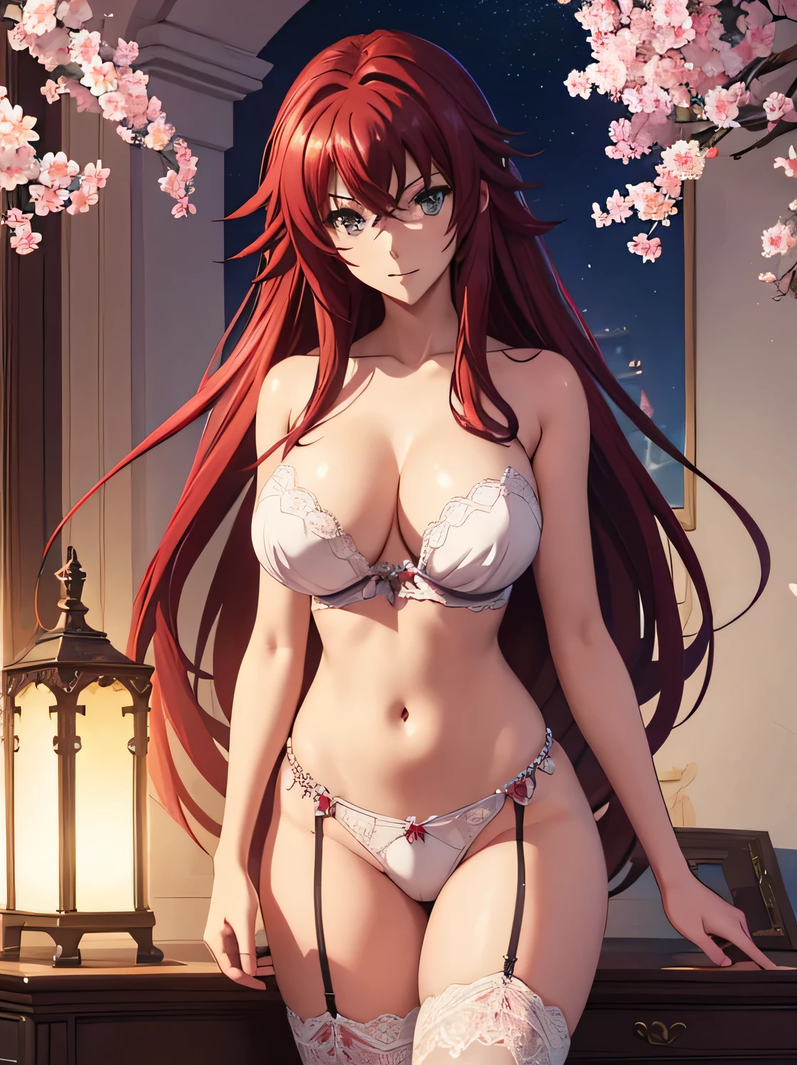 rias gremory, Beautiful beauty、Are standing、Femme fatale、elegant、high angle、Beautiful eyes、Gentle atmosphere、beautiful underwear、 cowboy shot,Front symmetry、a lot of cherry blossom、brown hair、sexy、Sweat、Arms up and behind、friendly smile、luxury room、Fantastic Light、magic light、mysterious light、rembrandt Light Magical Gentle Light 、starrynight,Full body stockings、big breasts、bust 90、detailed groin、、starry sky、beautifulstarrynightnight view、Beautiful decoration、art nouveau、Alphonse..Mucha、falling petals、ART、UHD、highest quality、masterpiece、SHARP、