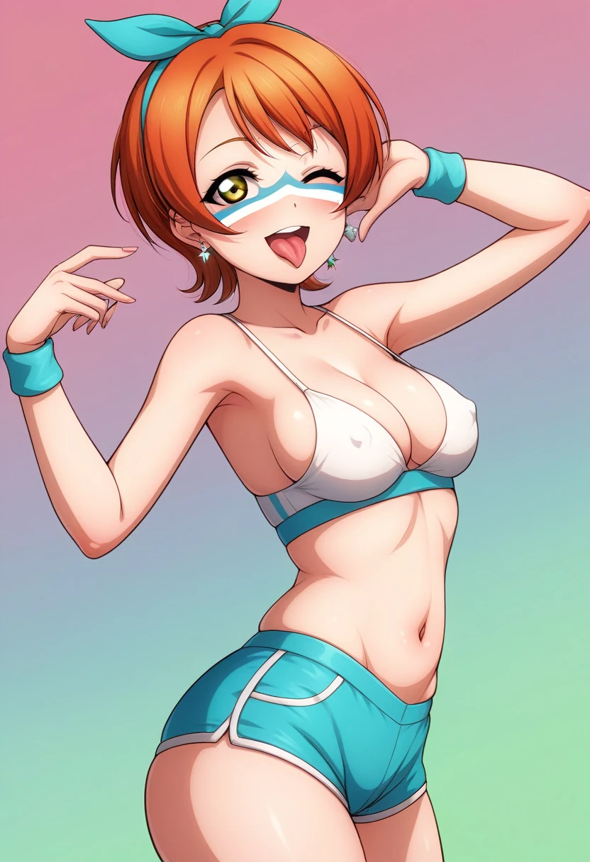 Masterpiece, sksrin, beautiful , facial details, 8k wallpaper, Rin Hoshizora Love Live, short hair, white gym bra, micro shorts , wrestling outfit,(lipstick:0.8), (face paint:1.2),Fascinated by her beauty ,wink, moist skin,thin waist ,short girl, skindentation , tongue out, open mouth ,one  peek 