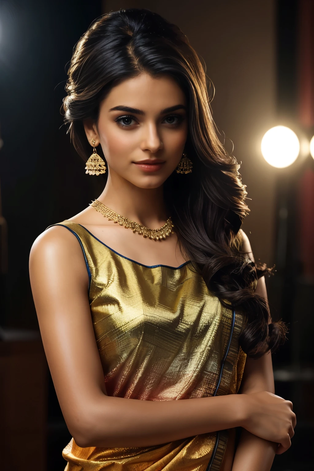 In this photograph, an Indian Instagram female model in her mid-20s takes hugging her self. (highly detailed face:1.4) (smile:0.7) (background 5-star hotel, moody, private study:1.0V, by Lee Jeffries, Nikon D850, film stock photograph, 4 Kodak Portra 400, camera f1.6 lens, rich colors, hyper-realistic, lifelike texture, dramatic lighting, Cinestill 800, realistic). She is wearing a traditional violet saree that exudes elegance and sophistication. The saree features a vibrant and intricate design with rich colors and detailed patterns, draped gracefully around her. The blouse is sleeveless but with intricate embroidery and beadwork, complementing the saree’s luxurious fabric. She is tying her hair with raised hands, Completing her look, she adorns herself with traditional jewelry, including bangles, earrings, and a necklace. The model's hair is styled in a classic bun with jasmine flowers, adding a modern twist to her traditional attire.
The photograph is meticulously captured in 8K resolution using cutting-edge techniques such as Cinema 4D and Octane Render, resulting in a highly detailed and photorealistic image. Studio lighting, HDR, and a smoky mist create a captivating ambiance, while the bokeh effect adds an artistic touch.