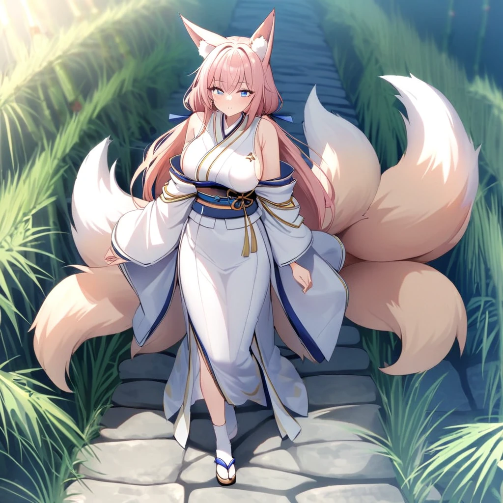 A woman in a long white shoulderless kimono, breasts big, light red hair, kitsune ears, Kitsune tails, multi tails, blue colored eyes, long white socks, walking on a stone road, with bamboo around her, whole body, I&#39;m dear ,,hdr, ultra resolution, well-defined, work of art, 8k hd. (woman alone)
