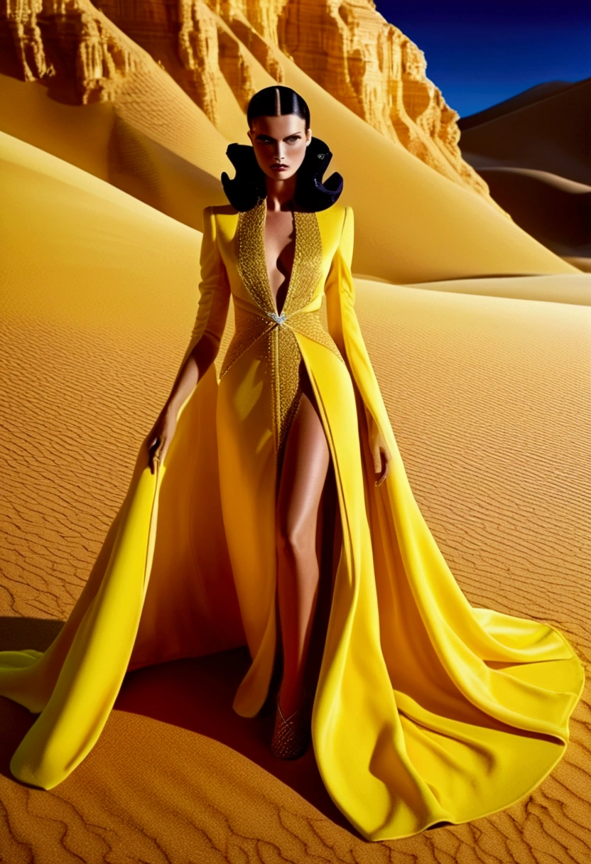 Desert Princess, robe, sand, by Miles Aldridge, night, 35mm photo, full body, cinematic still, cinemascope, best quality, masterpiece, very aesthetic, perfect composition, intricate details, ultra-detailed, vivid colors