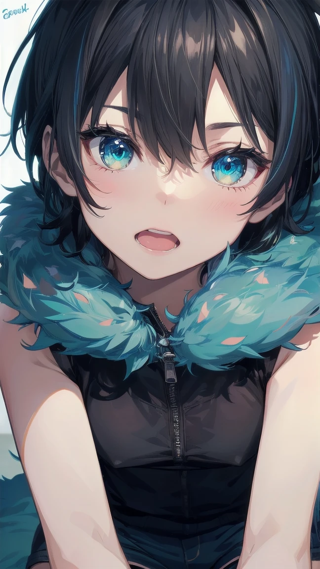 Close-up of a cartoon girl with blue hair and a yellow shirt, 2D Animation, 2D Animation style, 2D Art, 2D Art, 2D from Gorillaz, 2D from Gorillaz, 2D Gorillaz, Screaming Cerket, 2D Sprites, Jinx Face, short hair, Small breasts, hot pants, ((Black Hair, Bright blue fur inside:1.4))