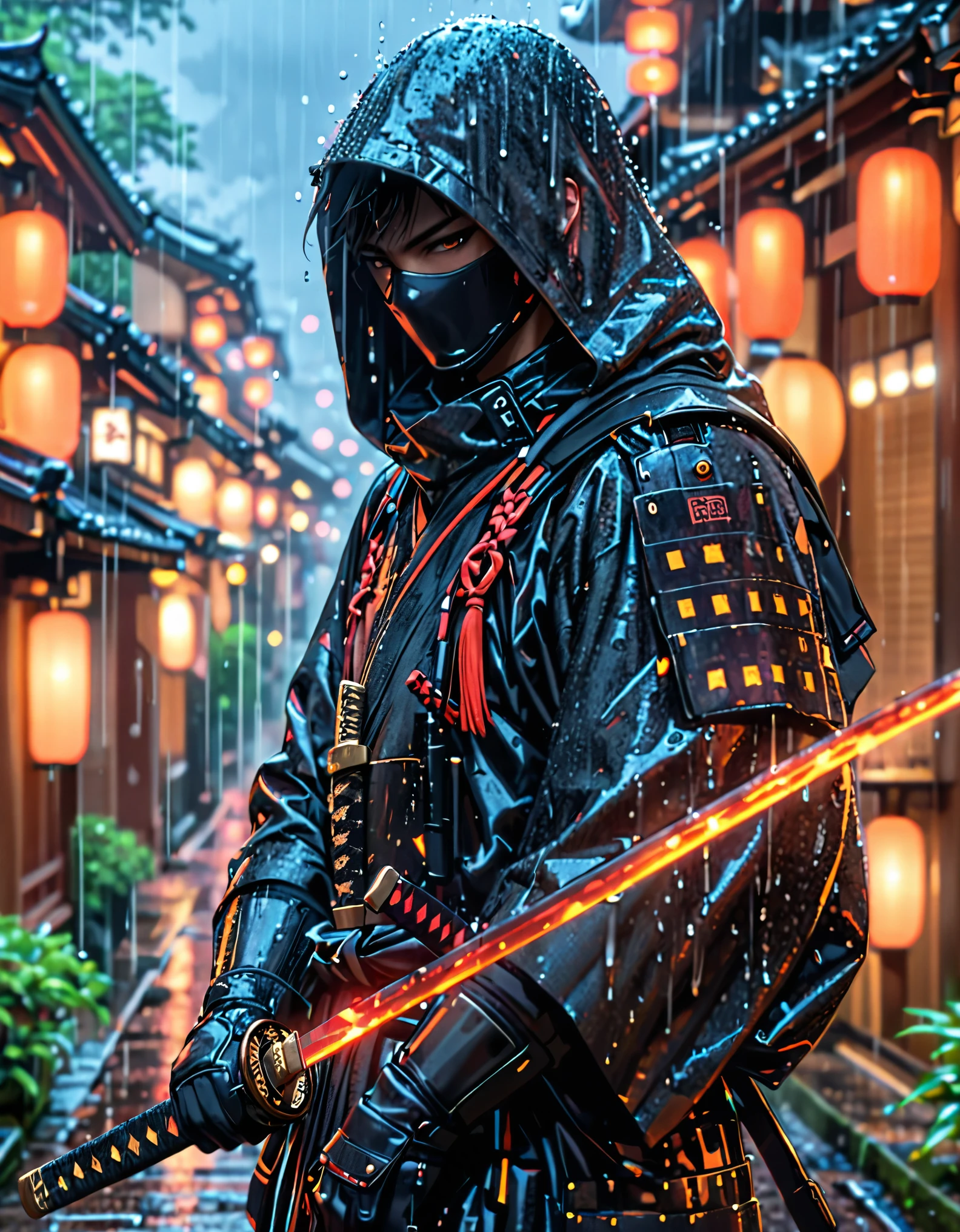 (masterpiece), (best quality), (hires), 1male, male focus, solo, solo focus, A man in a dark combat suit, covering his entire body, with a hood and black mask that covers him up to his nose and he has a Japanese katana in his hands, kyoto background, rainy atmosphere, cybernetic enhancements, dark brown eyes, cowboy shot, complete fingers, black gloves, matching boots.