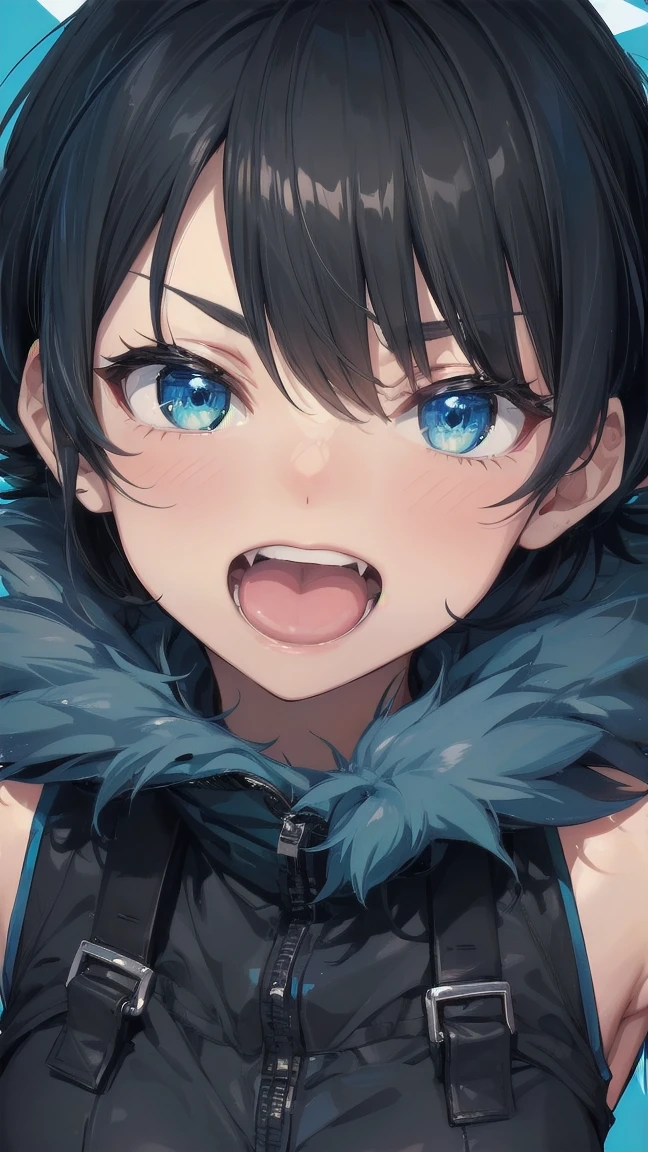 Close-up of a cartoon girl with blue hair and a yellow shirt, 2D Animation, 2D Animation style, 2D Art, 2D Art, 2D from Gorillaz, 2D from Gorillaz, 2D Gorillaz, Screaming Cerket, 2D Sprites, Jinx Face, short hair, Small breasts, hot pants, ((Black Hair, Bright blue fur inside:1.4))