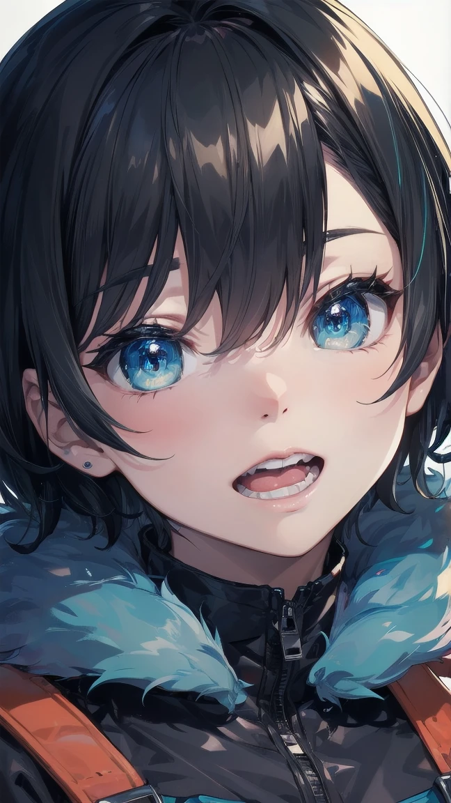 Close-up of a cartoon girl with blue hair and a yellow shirt, 2D Animation, 2D Animation style, 2D Art, 2D Art, 2D from Gorillaz, 2D from Gorillaz, 2D Gorillaz, Screaming Cerket, 2D Sprites, Jinx Face, short hair, Small breasts, hot pants, ((Black Hair, Bright blue fur inside:1.4))