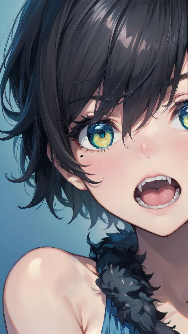 Close-up of a cartoon girl with blue hair and a yellow shirt, 2D Animation, 2D Animation style, 2D Art, 2D Art, 2D from Gorillaz, 2D from Gorillaz, 2D Gorillaz, Screaming Cerket, 2D Sprites, Jinx Face, short hair, Small breasts, hot pants, ((Black Hair, Bright blue fur inside:1.4))
