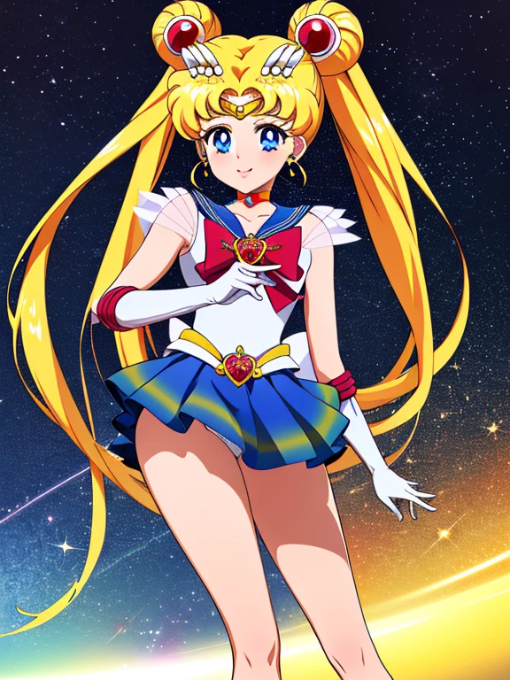 Masterpiece, The best quality, nothing, Manager 1, 1 girl, only, Uniforme Sailor Senshi, Sailor Moon, Usagi Tsukino, rubio, Magical Girl, blue eyes, white panties, red neckerchief, elbow gloves, tiara, blue skirt, pleated skirt, Mini Skirt, choker, white gloves, jewely, earrings, They are smiling, The background is space (excellent detail, Excellent lighting, wide angle), Mini Skirt , , ((showing legs)), sin panties