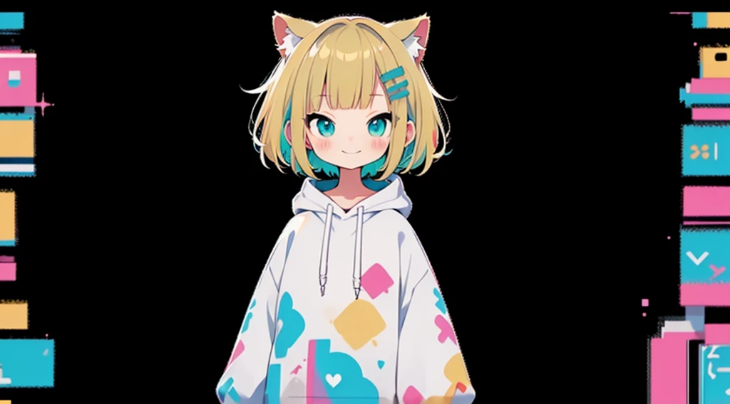 Blonde、Pink hoodie、high quality、Colorful color palette、high resolution、pretty girl、 Pink hoodie、An unprecedented number of draws、Anime Style、Geometric background、Sticker Style、short hair、Blonde、Turquoise Eyes, Messy Hair, Pink hoodie、Cat ears of the same color as the hair、front, Hands posing, Until death, Bondage, Baggy clothes