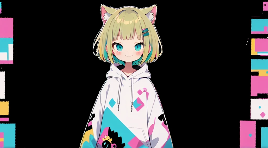 Blonde、Pink hoodie、high quality、Colorful color palette、high resolution、pretty girl、 Pink hoodie、An unprecedented number of draws、Anime Style、Geometric background、Sticker Style、short hair、Blonde、Turquoise Eyes, Messy Hair, Pink hoodie、Cat ears of the same color as the hair、front, Hands posing, Until death, Bondage, Baggy clothes