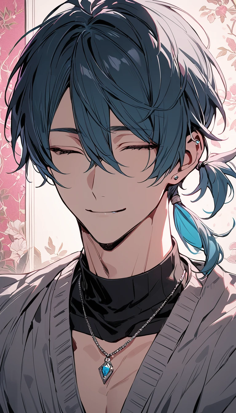 ((((best masterpiece, best quality, wallpaper,)))) solo, guy, male body, small muscles, flat chest, 1male, 30 years old, handsome man, upper body, looking at viewers, beautiful detailed, seductive smile, mediumturquoise hair, ((((Lower short ponytail)))), asymmetrical bangs, ((short hair,)) (((light smile, closed eyes, tareme, droopy eyes,))) (((perfect face,))) perfect hands, sharp nose, clear face, black turtleneck, grey cardigan, ((silver piercing, pendant,)) leggings, pink background color ultrasharp, 8K, masterpiece,
