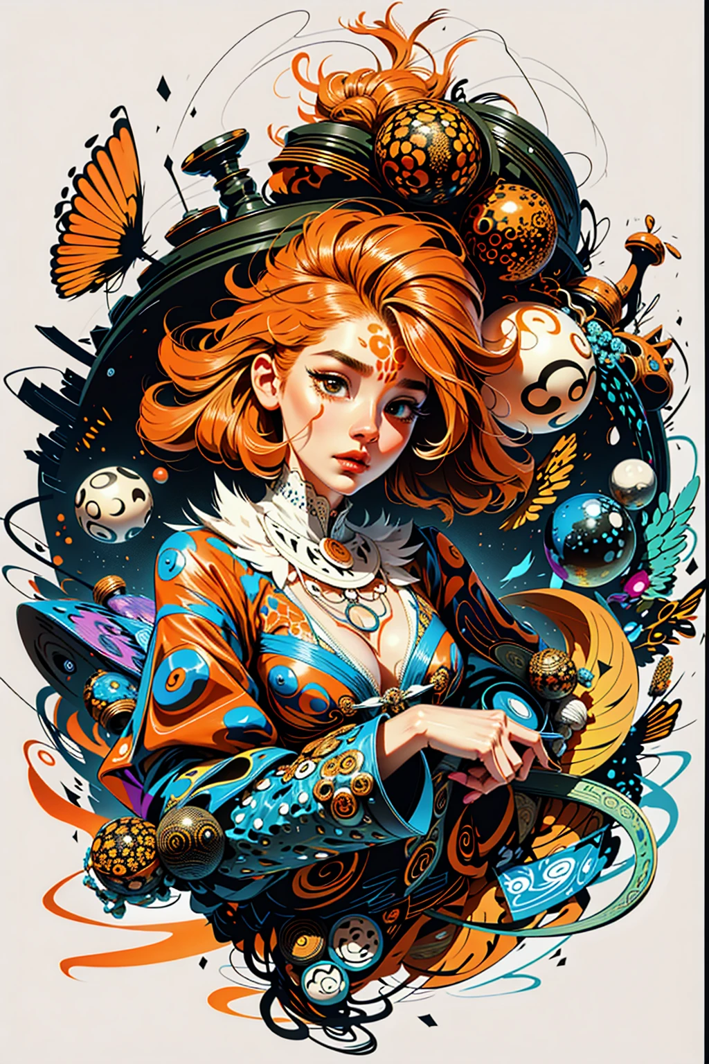 1 girl,(orange_body hair:1.1),(zentangle, mandala, tangle, entangle:0.6),(Fractal Art),most beautiful form of chaos,Brutalist designed,