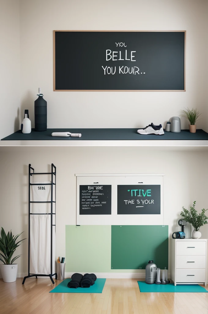 Create a simple background for a fitness video, with neutral colors like white and gray, and green accents. Include a yoga mat, a water bottle, and a pair of running shoes. Add a chalkboard with the motivational phrase "Believe in yourself." The visual should be welcoming and motivating, without distractions.