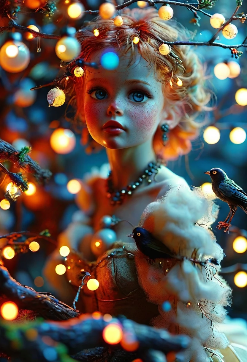 eyeballs, closeup, sitting on a branch tiny pixie redhead beautiful girl perfect moon face vintage fairy lights, neon glowing ghosts, lights, little fluffy raven, moon, fluffy little crow, detailed skin texture, otherworldly halo, glowing eyes road by Ceccoli, Burton fog Rockwell Disney, Royo, Vallejo Craola, by Carl Rungius | Ivan Rabuzin | Ed Emshwiller] cinematography, 8k, high detail, complex, complex pose, high quality, centered, perfect composition --ar 3:4