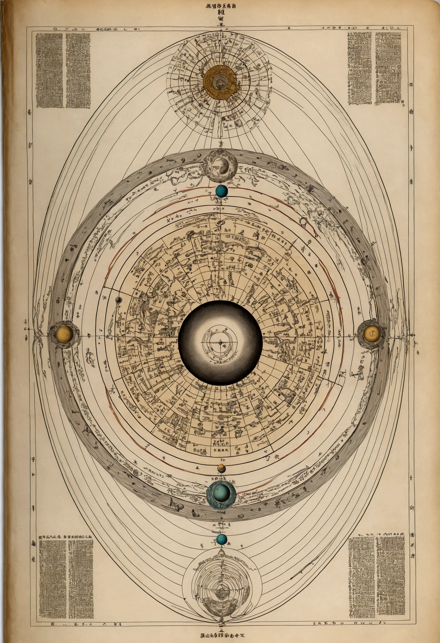 A diagram of the internal structure levels of seven overlapping elliptical universes，Overlapping structure of Mount Xumi，Charts，Detailed description，Mysticism Annotation，Extremely complex，Accurate structure，alchemy，
The internal structure level distribution diagram of the seven universes，Mount Xumi Structure，Charts，Detailed description，Mysticism Annotation 位于黑色背景上 ，3D Color Retro